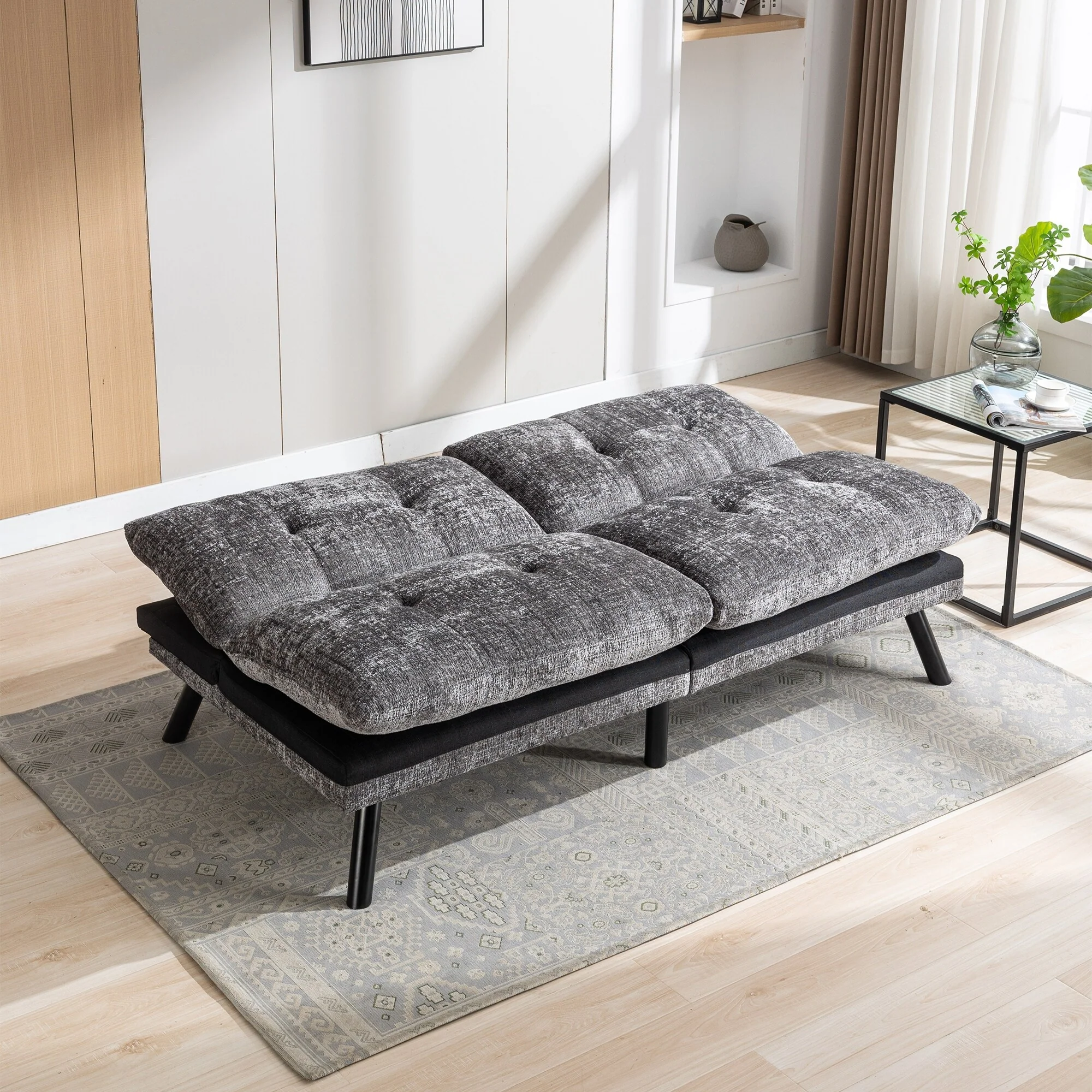 Grey 75.6 Chenille Convertible Loveseat Futon Sofa Bed with Metal Legs for Living Room