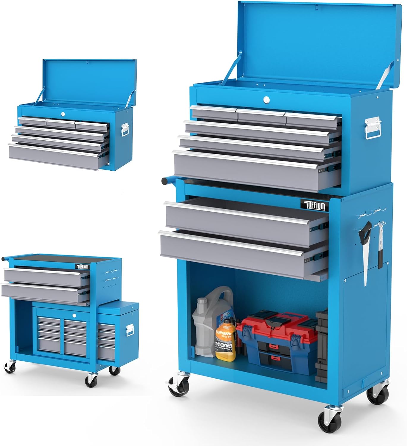 TUFFIOM 8-Drawer Rolling Tool Chest w/Lock, Tool Storage Cabinet w/Wheels, Detachable Top, Drawers & Drawer Liners, Tool Organizer Box for Garage, Warehouse & Repair Shop