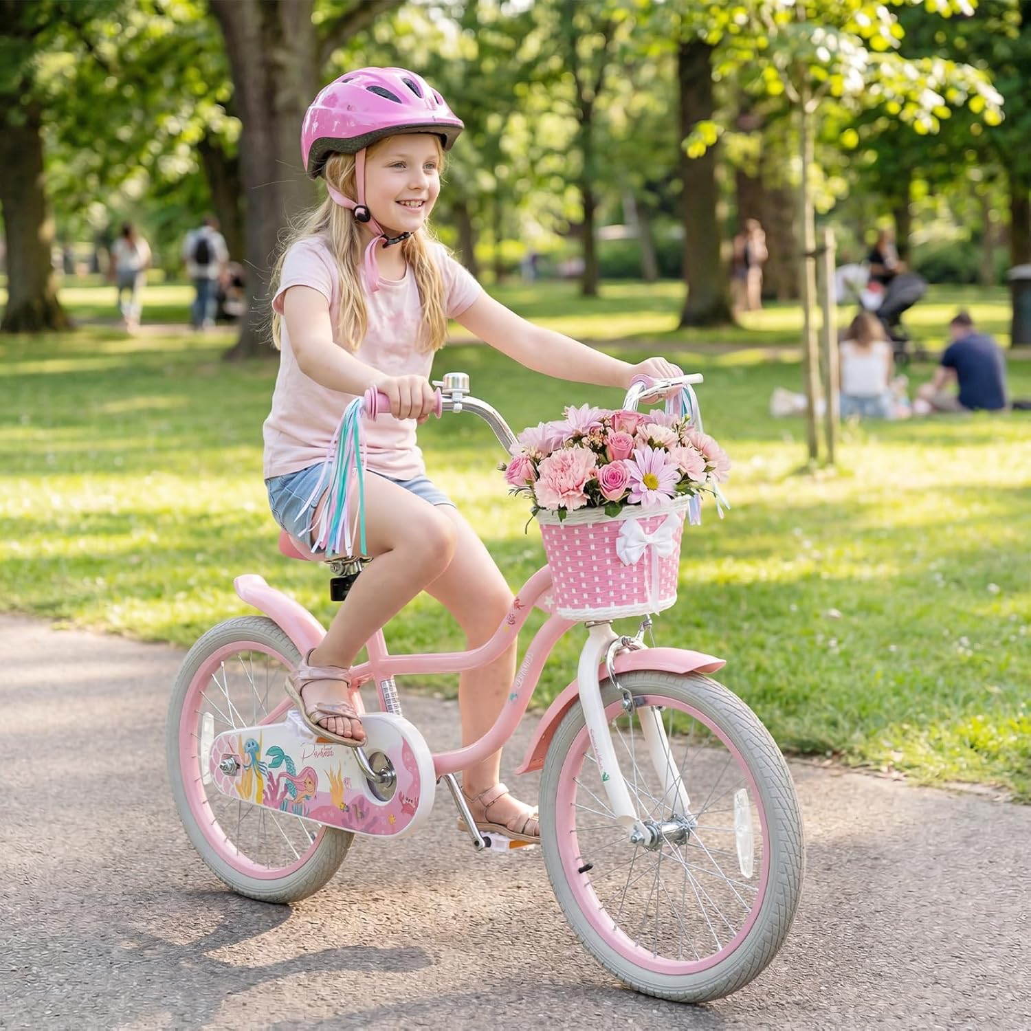 Olakids Kids Bike, 12 14 16 18 20 Inch Mermaid Theme Girls Bicycle with Training Wheels Basket Adjustable Seat and Handlebar Dual Brake