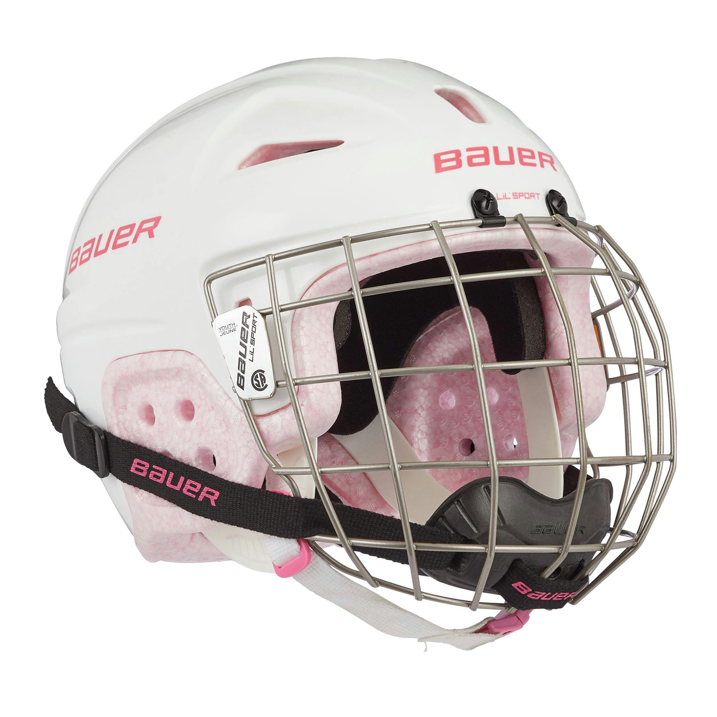 Bauer Lil' Sport Hockey Helmet & Cage Combo, Youth, White & Pink