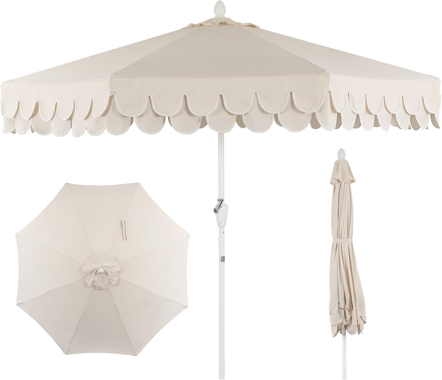 JONATHAN Y UMB1002C Tracy 9 ft. Classic MidCentury Scalloped Fringe Market Patio Umbrella with Auto-Tilt  Crank  Wind Vent and UV Protection in Cream/White