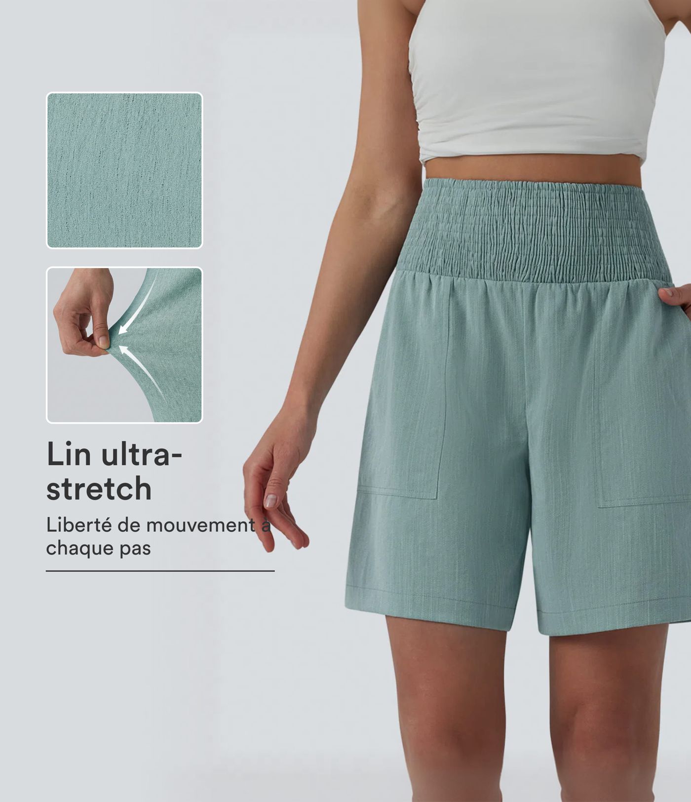 Bermuda casual aspect lin taille haute avec fronces 17,5 cm avec poches