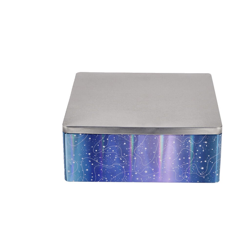 BoÎte alimentaire carré en fer décor bleu et argenté 26x26xH10cm