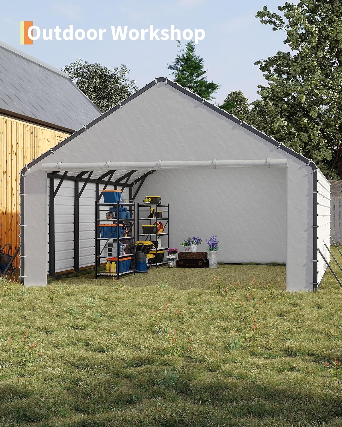 Carport Enclosure Kit for 20x26 20x21 20x16 Metal Carports, 2-Pack Heavy-Duty 220gsm PE Roll-Up Zipper Door Panels, Front & Back Cover with Ball Bungees,White