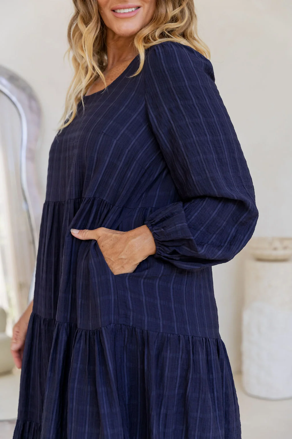 Long Sleeve Greta Midi Dress in Navy