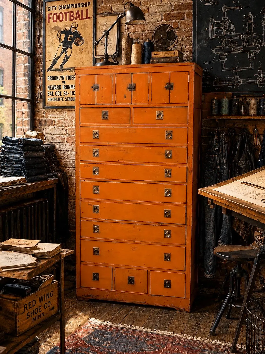 Antique Apothecary Cabinet flat File Industrial Wood drawer Brass Pull Hardware vintage