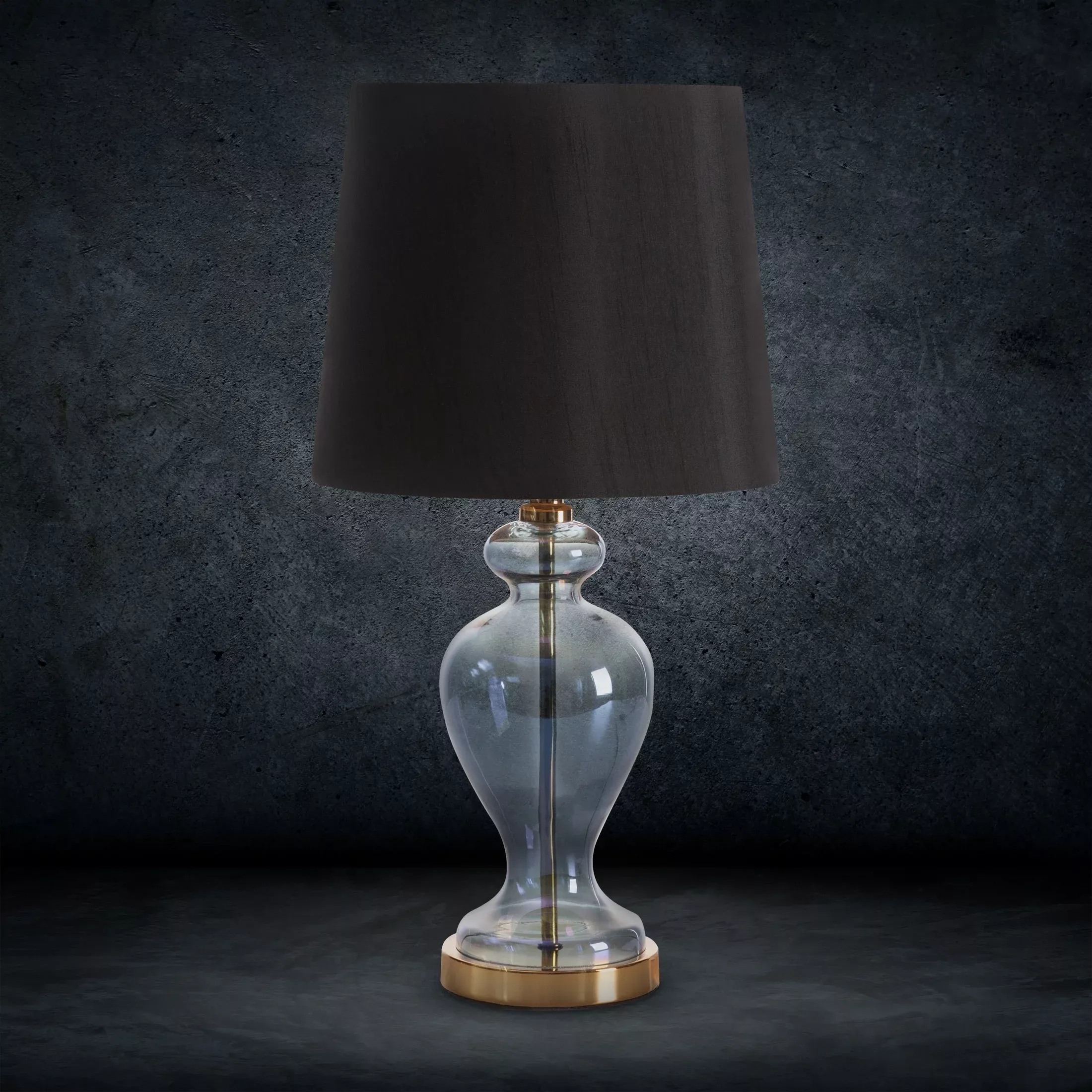 Lampa stołowa do pokoju czarno, złota EMILIO na podstawie z przezroczystego szkła z abażurem z matowej tkaniny