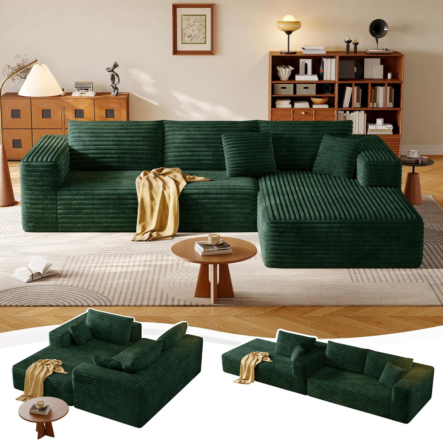 108.2 Modular Sectional Sofa with Deep Seat, Boneless L Shaped Corduroy Couch Modern Comfort, Cloud Couch Oversized for Living Room No Assembly (Right Facing Chaise,Green)