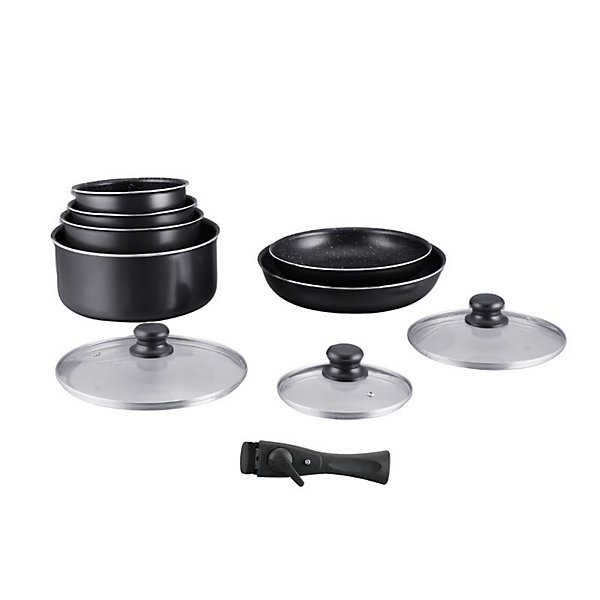 Batterie de cuisine revêtement pierre avec manche amovible 10 pieces noir Hagen HA04630-BLK