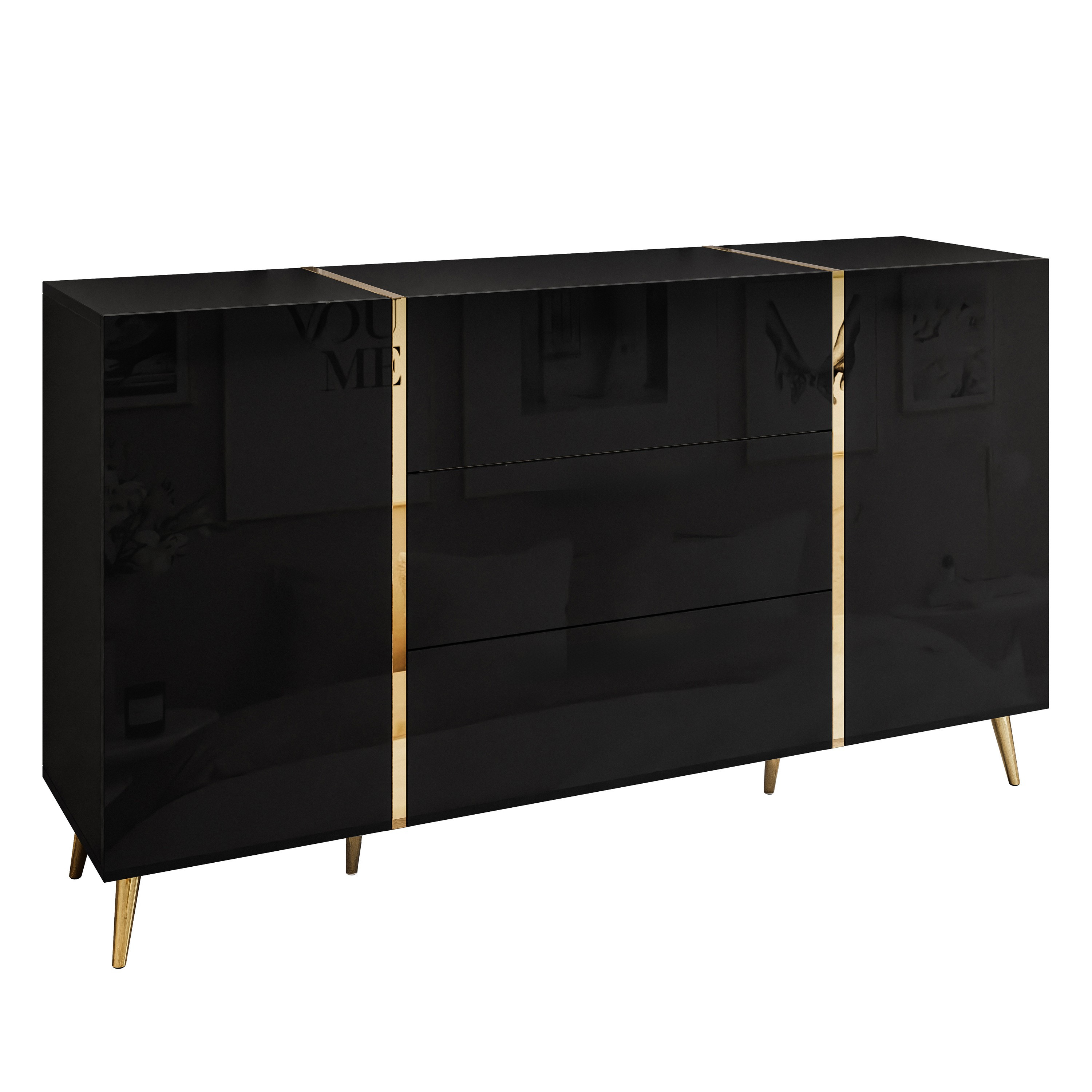 Komoda z szufladami ONYX czarny połysk złote nóżki 158 cm