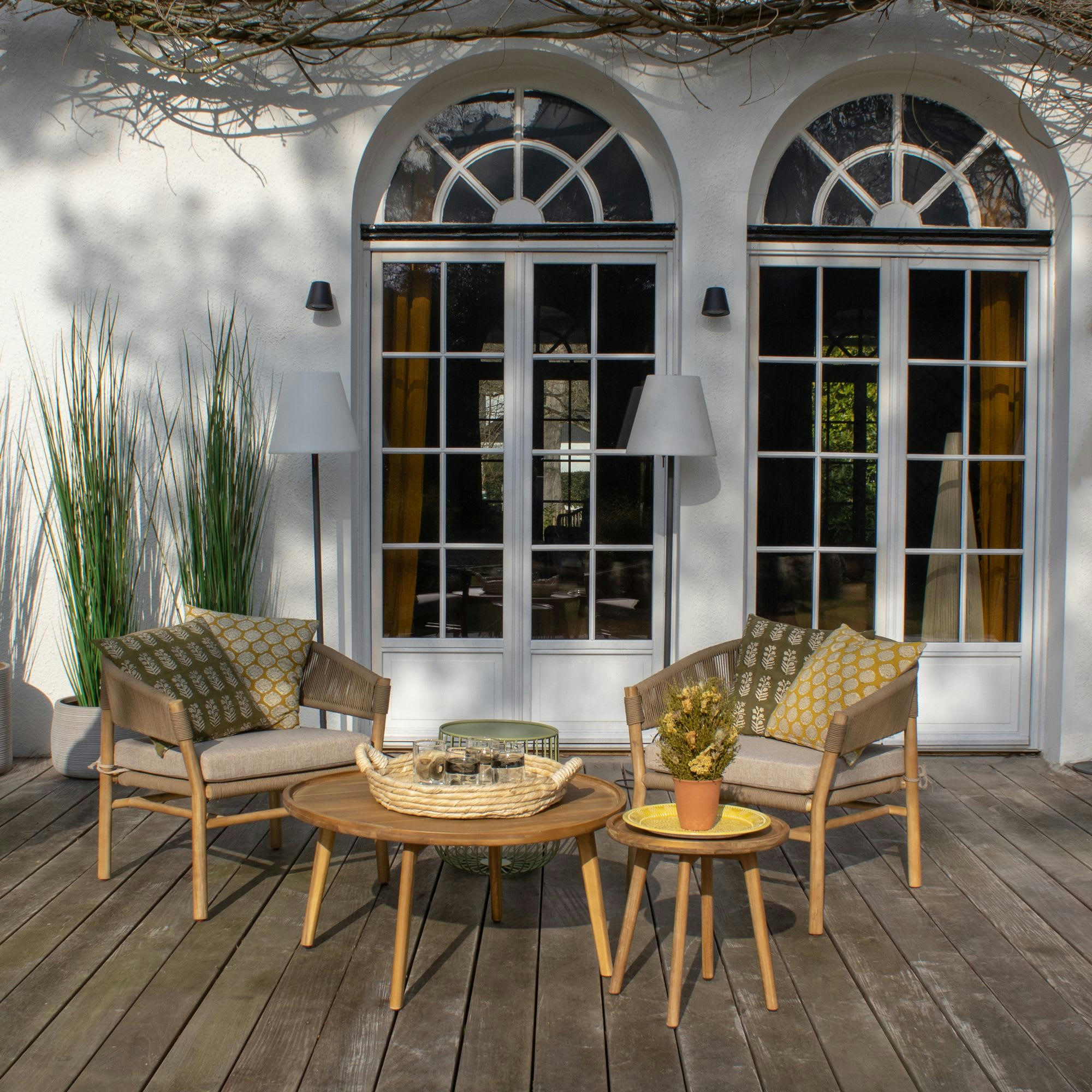 PANAMA - Fauteuil d'extérieur en acacia et corde avec coussin beige