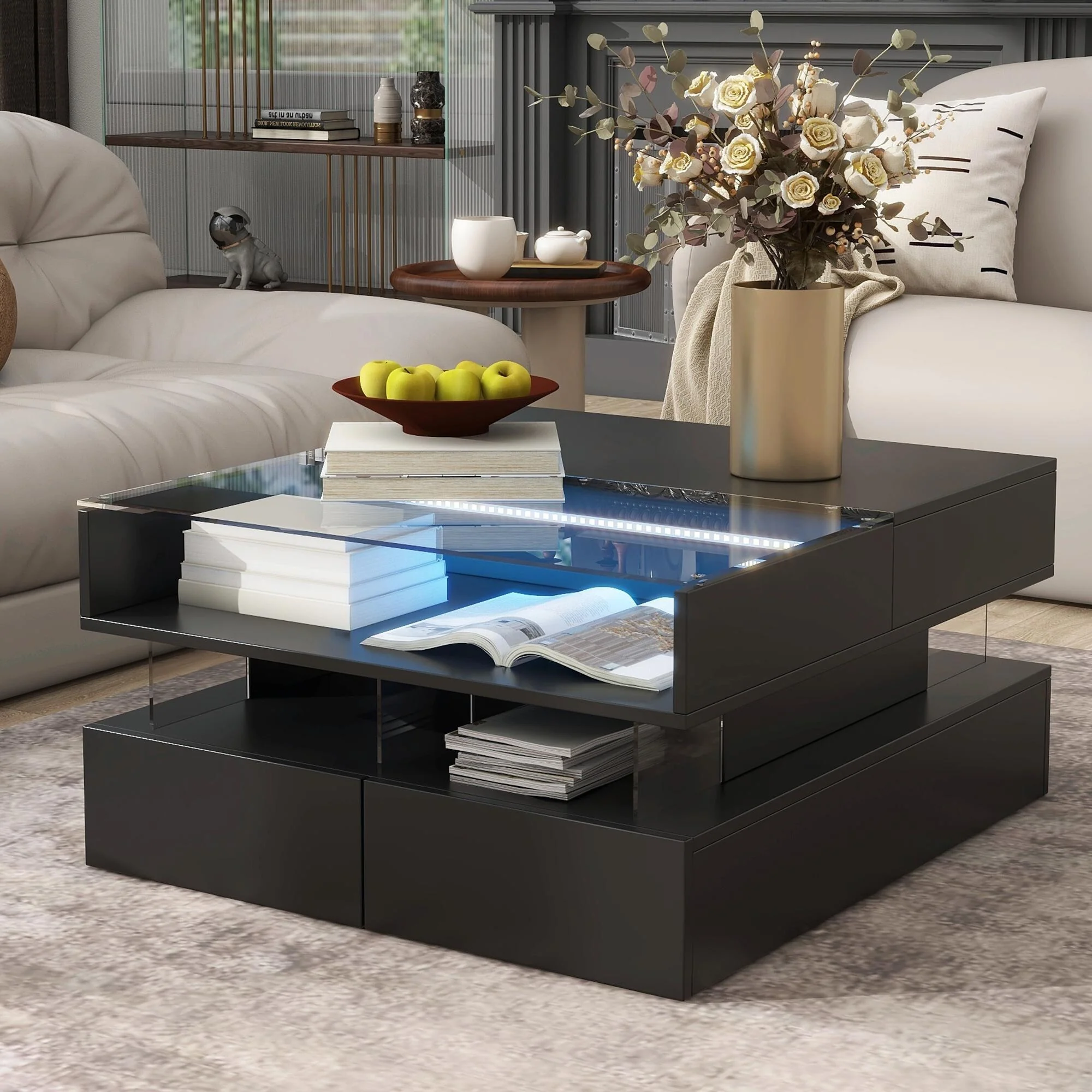 Lift-Top Coffee Table with 2 Drawers, Modern Square Coffee Table with Glass Top and High-Gloss Finish