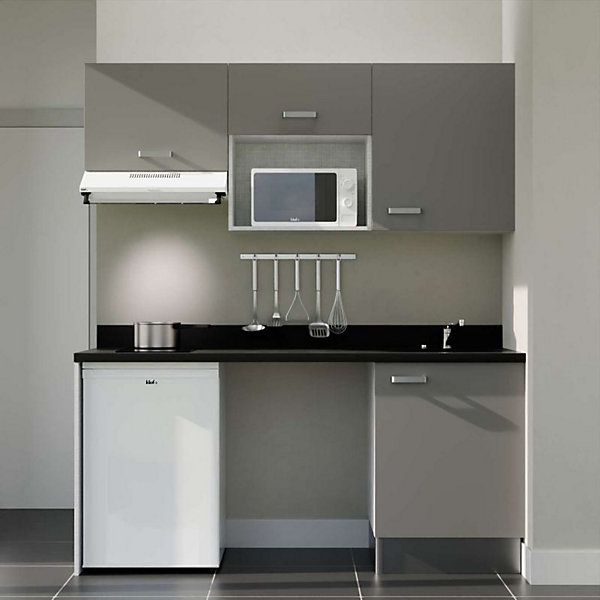 Kitchenette K55 - 180 cm - façades Gris - Plan monobloc en quartz coloris Nero évier à droite - Electroménager Blanc