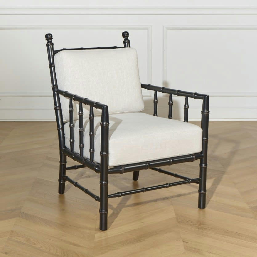 CATHERINE - Fauteuil colonial en bois laqué noir et tissu beige