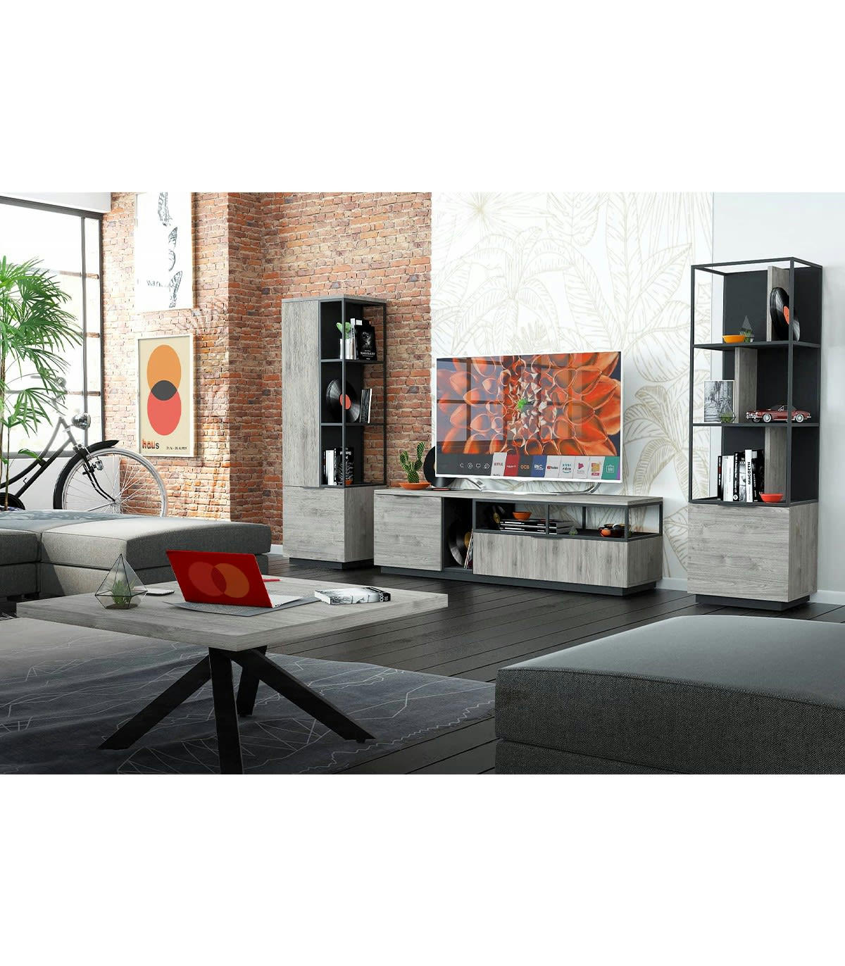 SNAPP - Bibliothèque 1 porte et étagères H180cm - Marron et noir