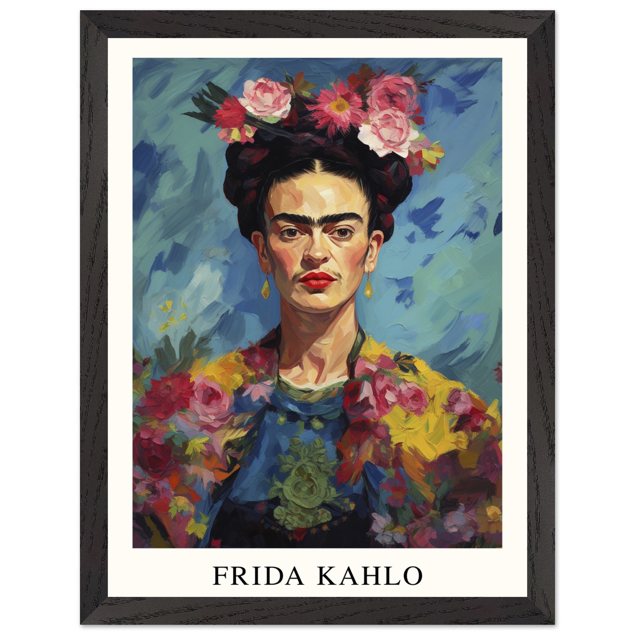 Artfulprints Poster met Lijst Frida Kahlo - Painted floral portrait  - 30x40 cm - Meerkleurig