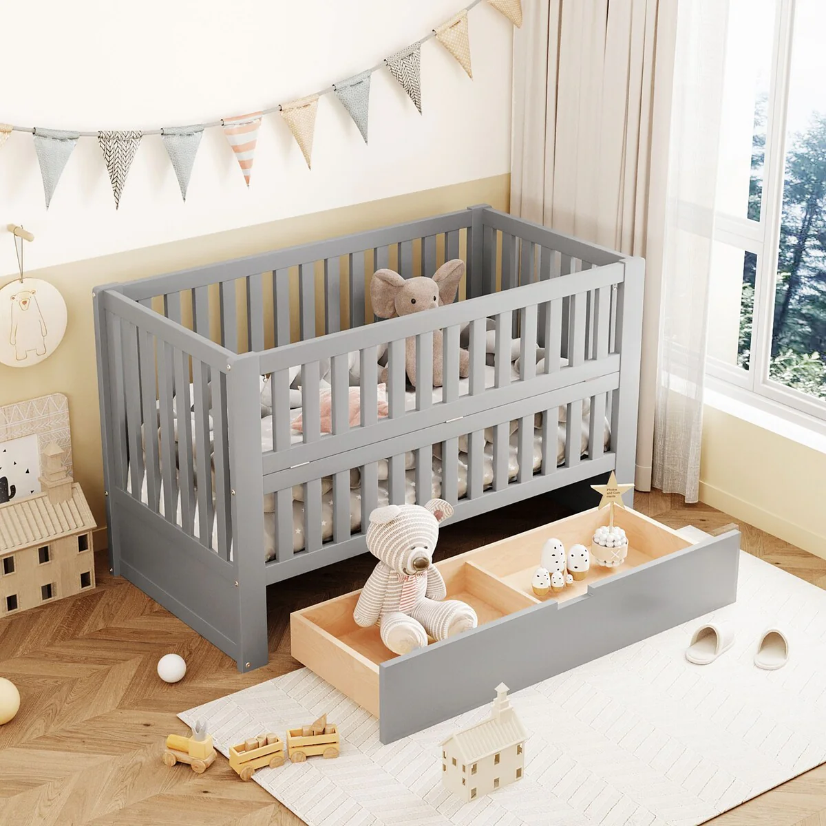 2-in-1 Convertible Crib, Full Size Bed Frame with Drawers and 3 Height Options, Modern Baby Crib Toddler Bed with Guard Rail