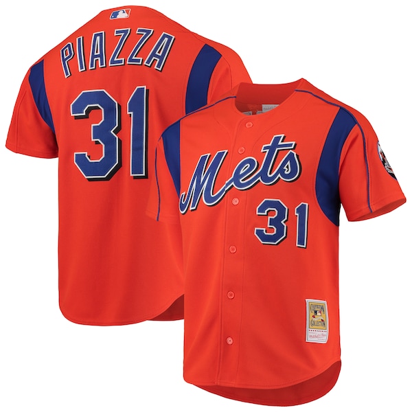 Mike Piazza New York Mets Cooperstown Collection Mesh Batting Practice Button-Up Jersey - Orange/Black/Royal