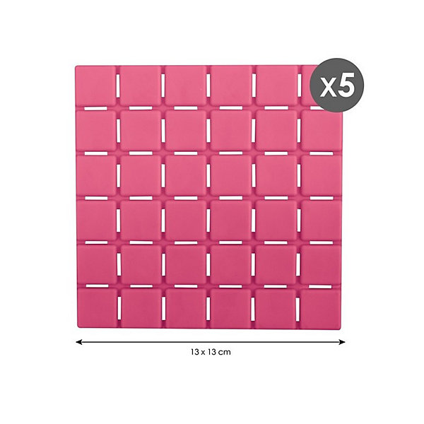Lot de 5 Tapis antidérapants de douche ou baignoire Caoutchouc QUADRO 13x13cm Fushia MSV