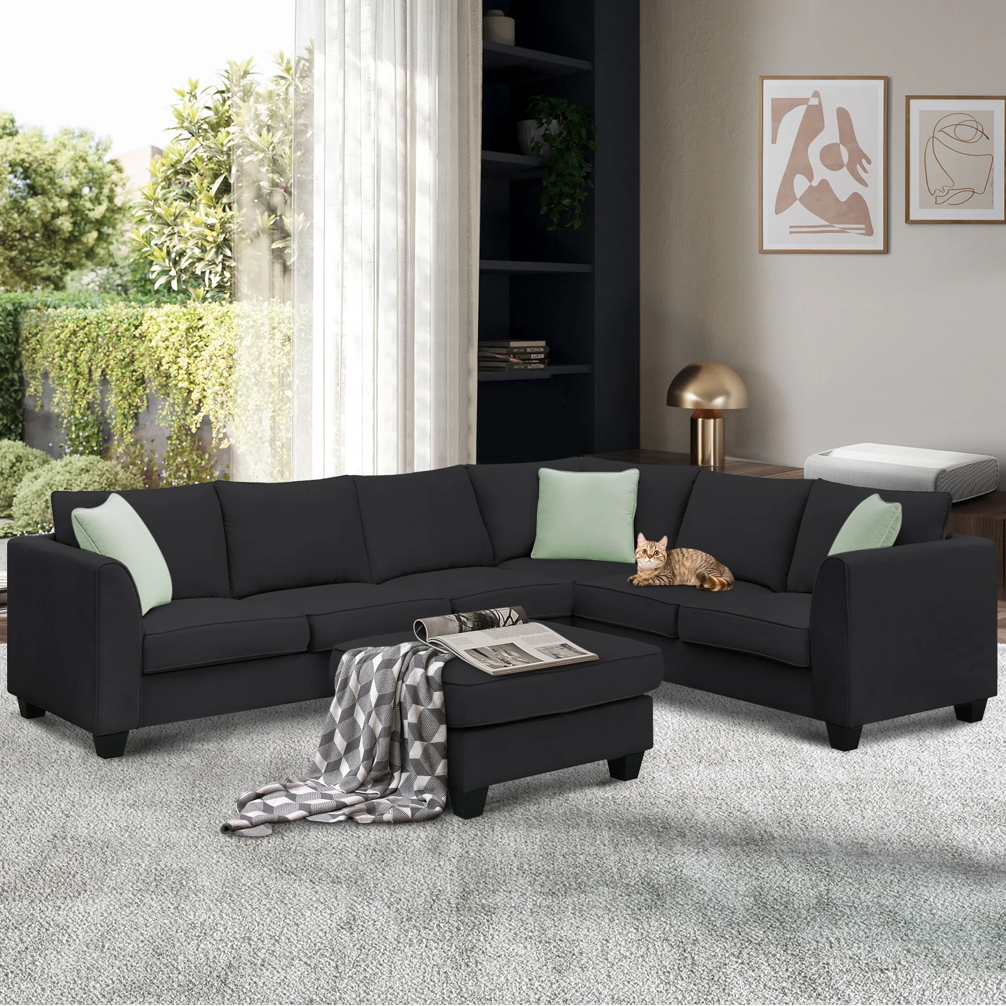 112*87 Sectional Sofa Couches Living Room Sets 7 Seats Modular Sectional Sofa with 3 Pillows, Black
