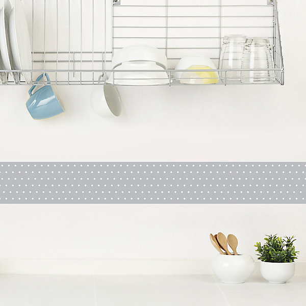Frise adhésive autocollante 15 cm X 300 cm, motif pois blanc sur fond gris, décorative pour murs et meubles.