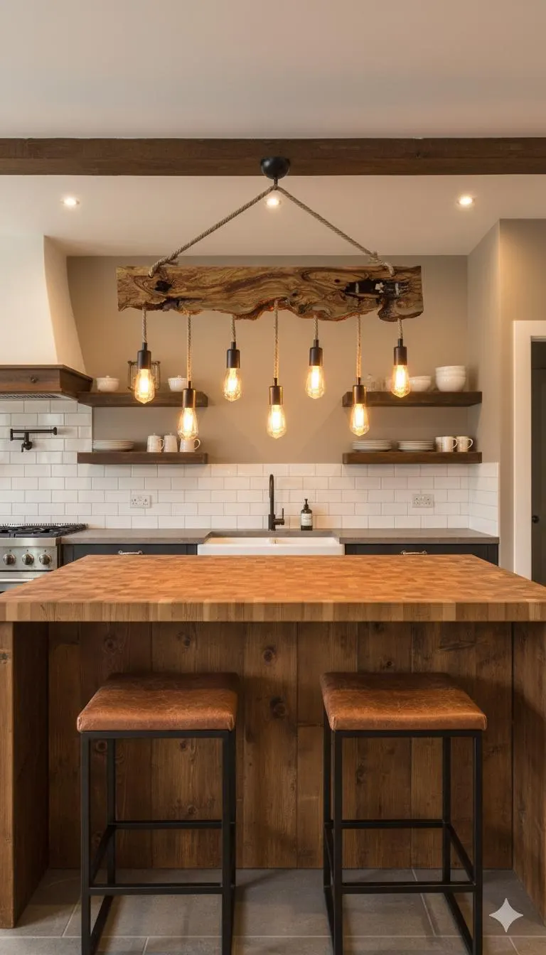 Olive Wood Rustic Light Fixture, Farmhouse Wooden Live Edge Chandelier For Dinign Room, Unique Ceiling Light For Dining Table and Kitchen