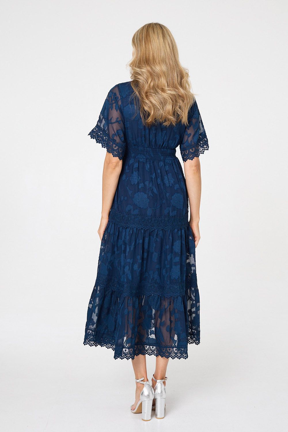 Izabel London Floral Lace Frill 1/2 Sleeve Midi Dress