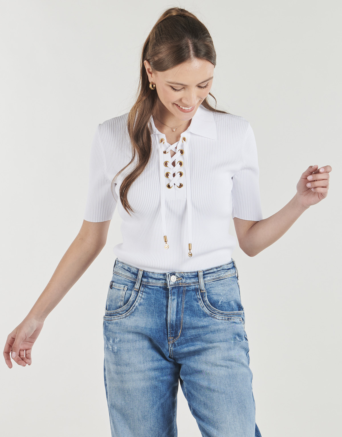 MICHAEL Michael Kors - LACE UP SS POLO TOP - White
