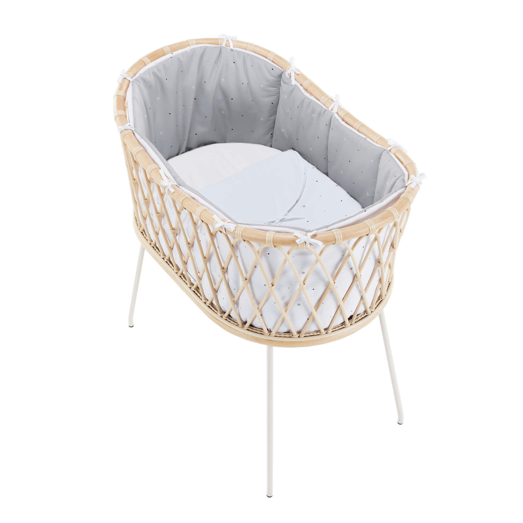 YAKARTA - Berceau en rotin (48x78 cm) pour bébé avec textile en gris clair