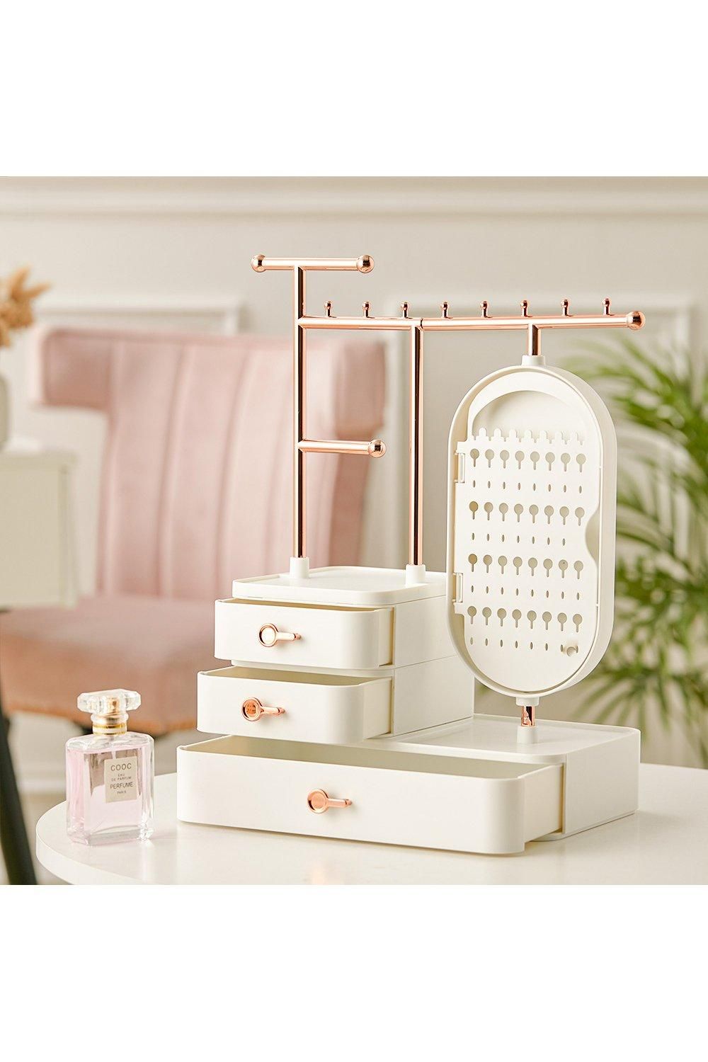 H&O Direct Chic Makeup Storage Box Jewelry Display Stand with Rotating Mirror and Hanging Rod