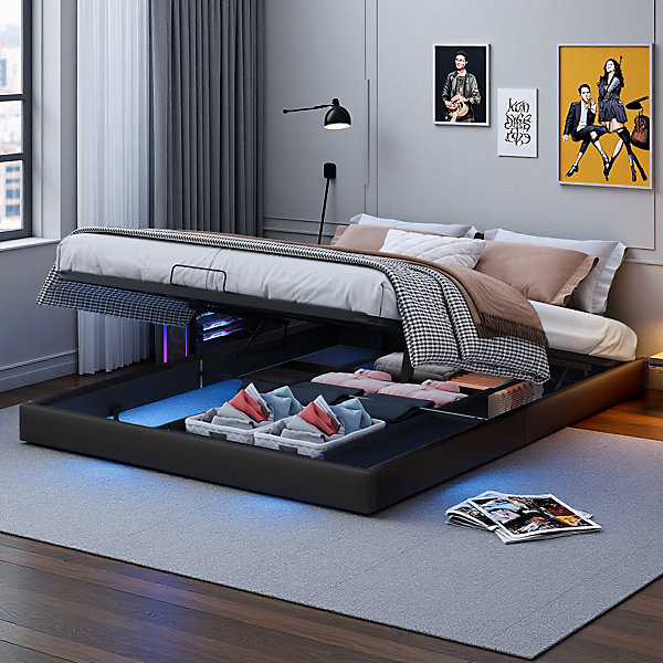 Lit double 160x200 cm beige design flottant avec LED, cadre métal, sommier à lattes bois et espace de rangement (sans tête de lit)