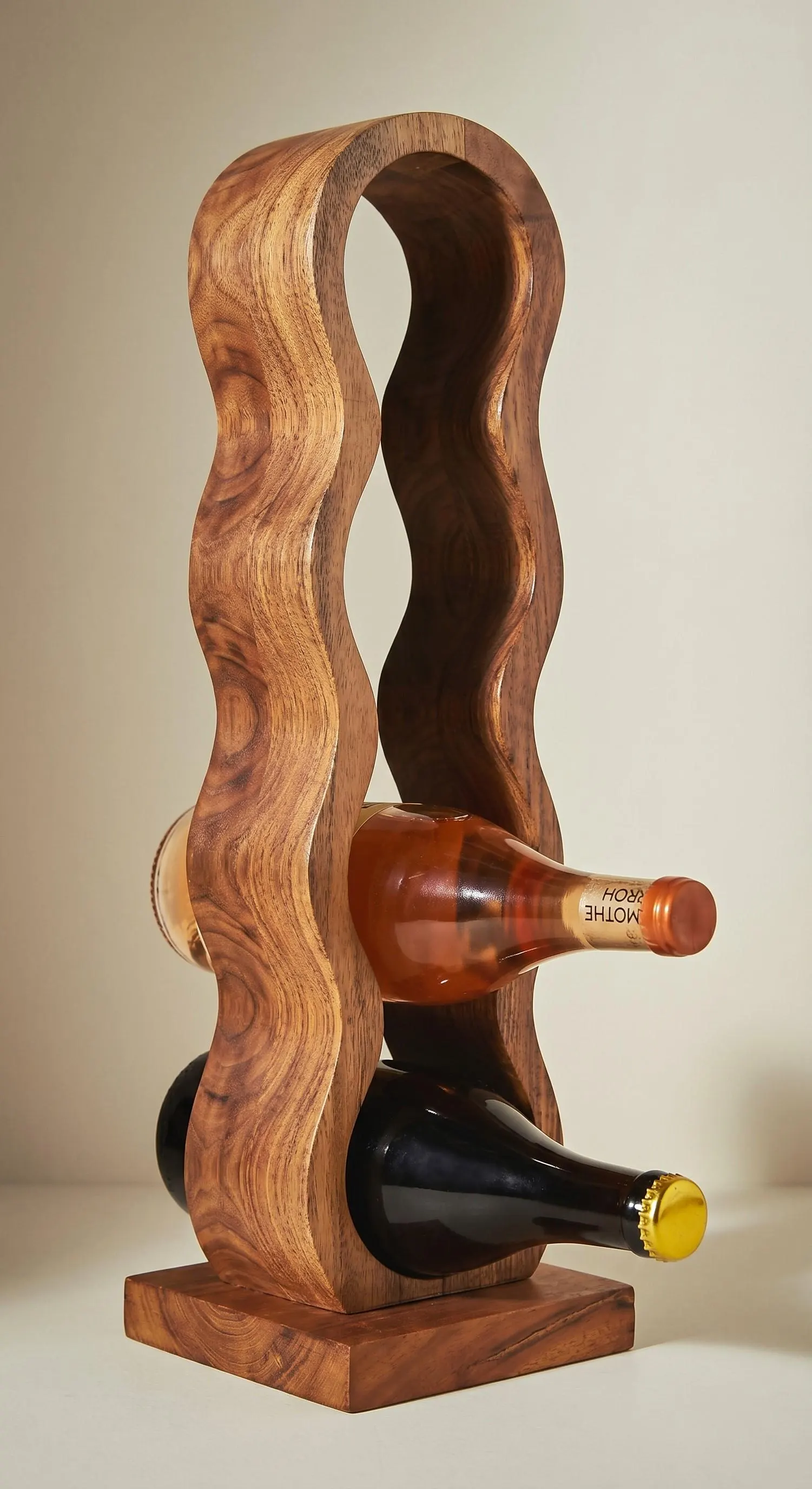 Sculptural Wooden Wine Bottle Holder – Modern Organic 4-Bottle Rack