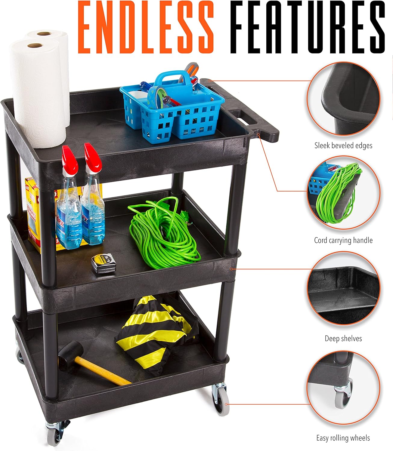 Stand Steady Tubstr Compact Utility Cart, Black, 2.5 in Deep Tub Shelves, 300 lbs Weight Capacity