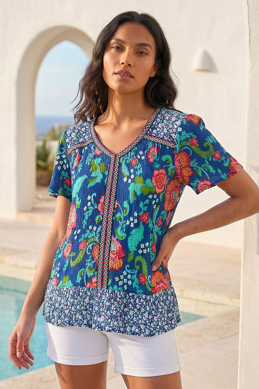 Roman Floral Print Trim Detail Top