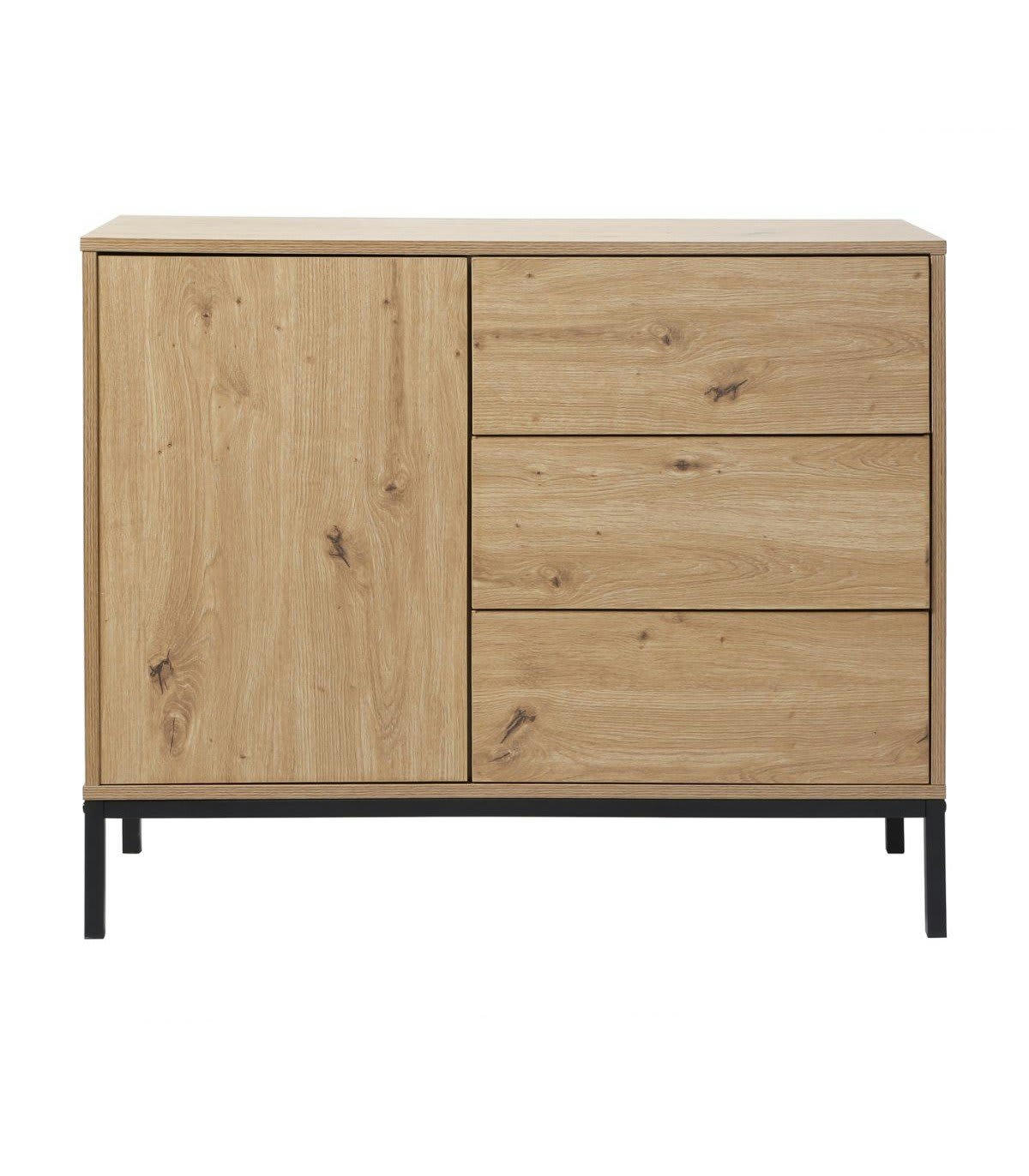 LENNY - Commode 3 tiroirs 1 porte décor chêne - L90 x H80 cm