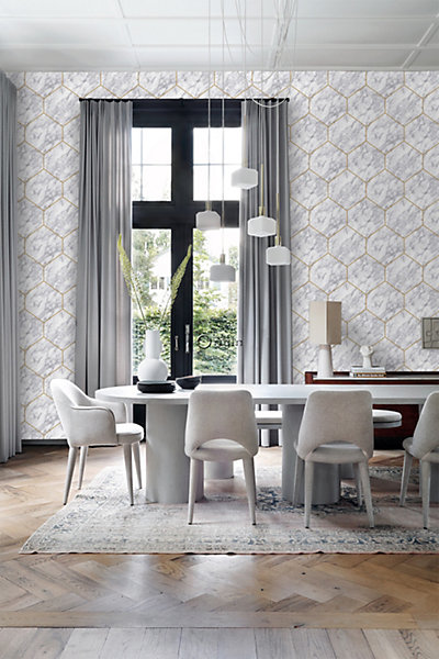 Origin Wallcoverings papier peint hexagone effet marbre blanc, gris et or 50 x 900 cm