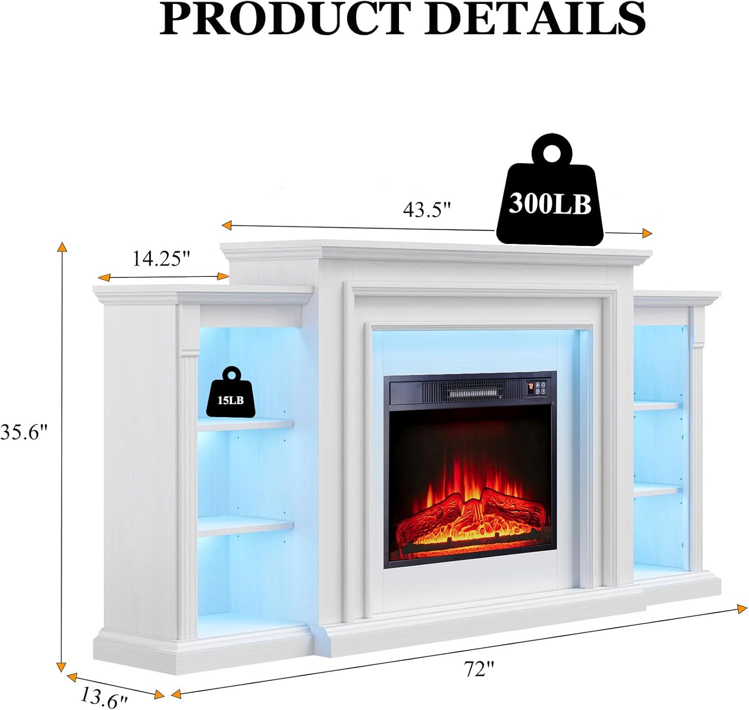 72 LED Lights Electric Fireplace with Mantel, Fireplace TV Stand for TVs Up to 80,Modern Entertainment Center with Storage, Delicate Three-Dimensional Molding with Remote Control for Living Room