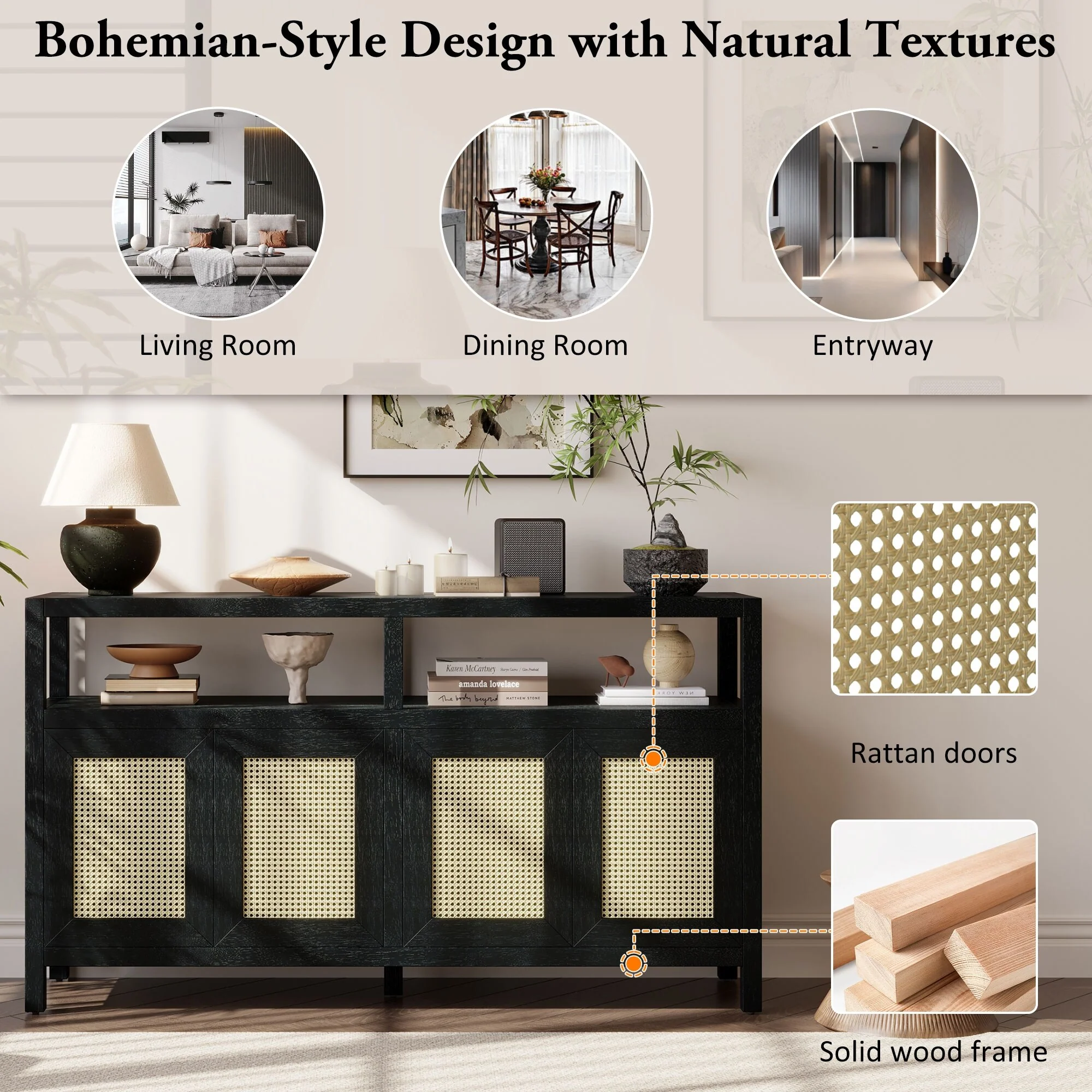 Boho Rattan Buffet Storage Cabinet Sideboard, Solid Wood Frame Accent Cabinet Entryway Cabinet for Living & Dining Room