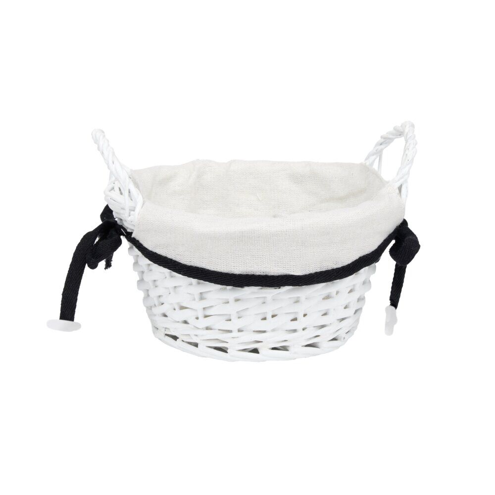 Panière ronde en bois tressé doublure tissu blanc noeud noir Ø20xH10cm