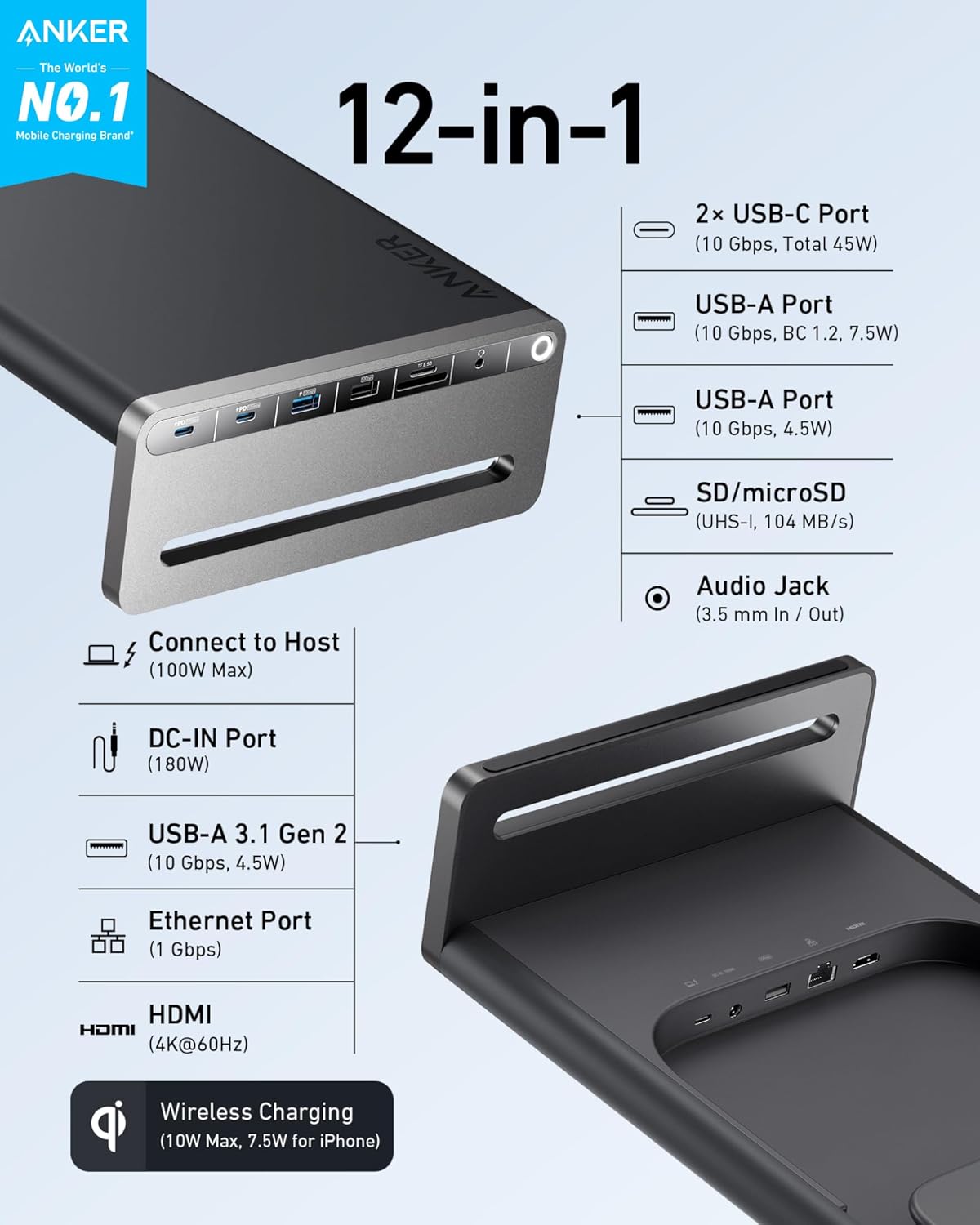 Anker 675 USB-C Docking Station (12-in-1  Monitor Stand  Wireless) with 10Gbps USB-C Ports  4K@60Hz HDMI Display  Wireless Charging Pad  for Lenovo ThinkPad  MacBook Pro M1 / M2