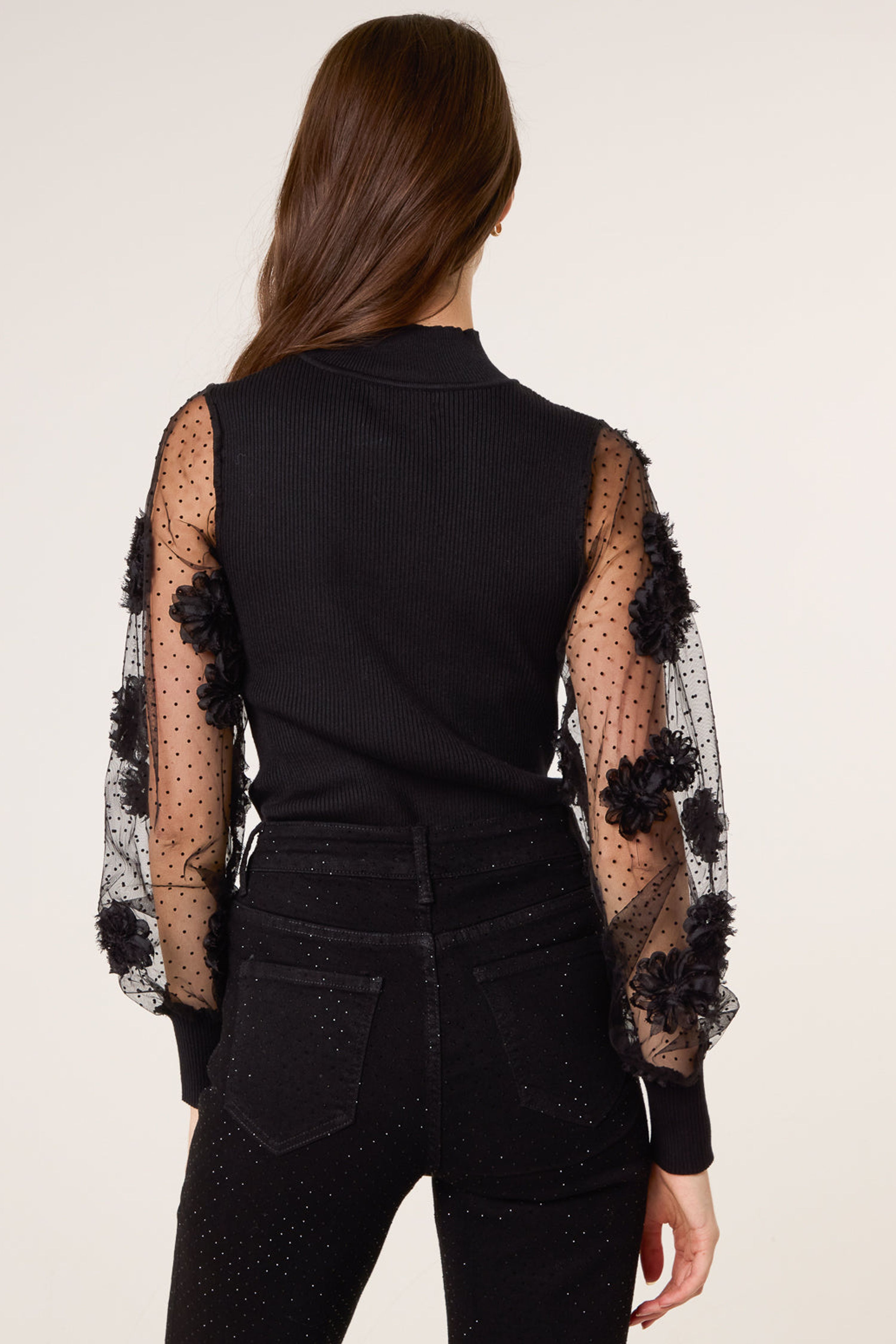 Blue Vanilla Black Turtle Neck Jumper With Mesh Polka Dot And Flower Detail