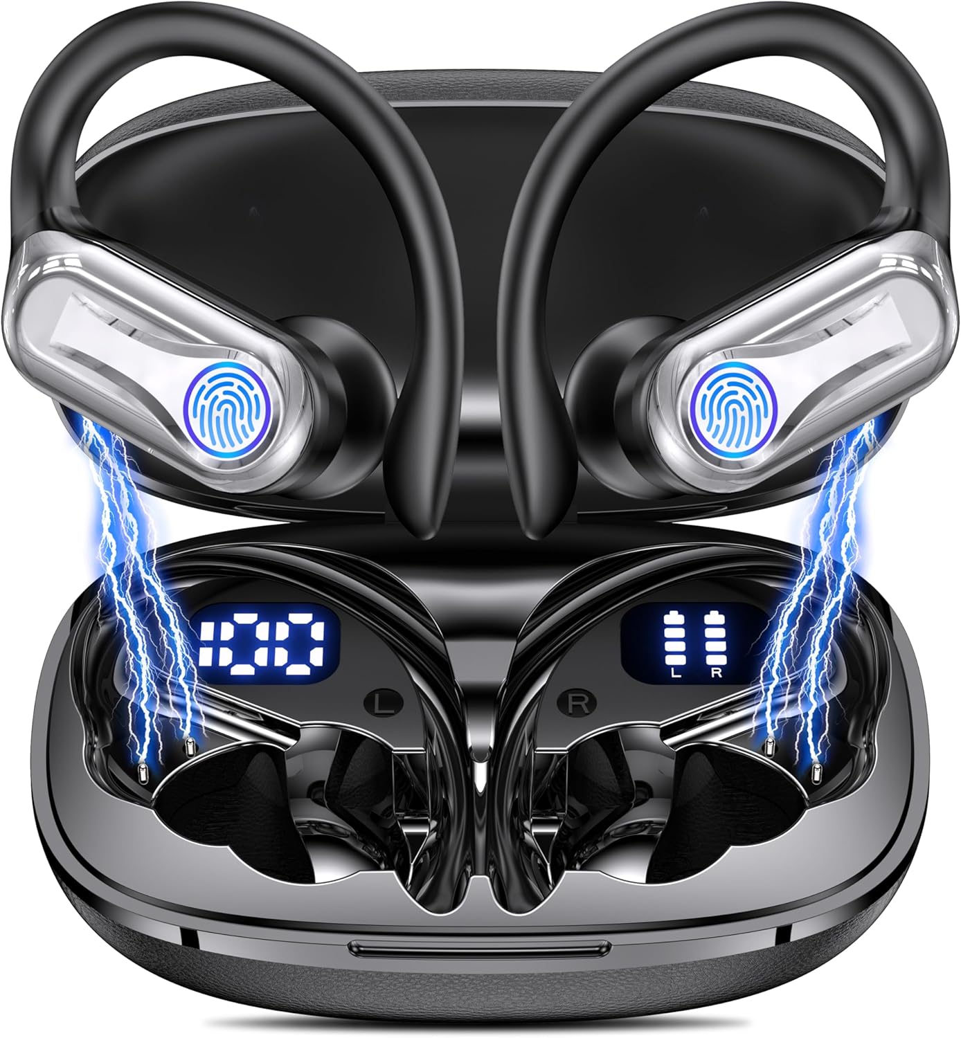 Wireless Earbuds, Sports Bluetooth 6.1 Earhooks Headphones, 90H Playtime LED Charging Case, ENC Noise Cancelling, 16.2mm Driver HiFi Stereo, IPX7 Waterproof Earphones for Running Workout Gym Black