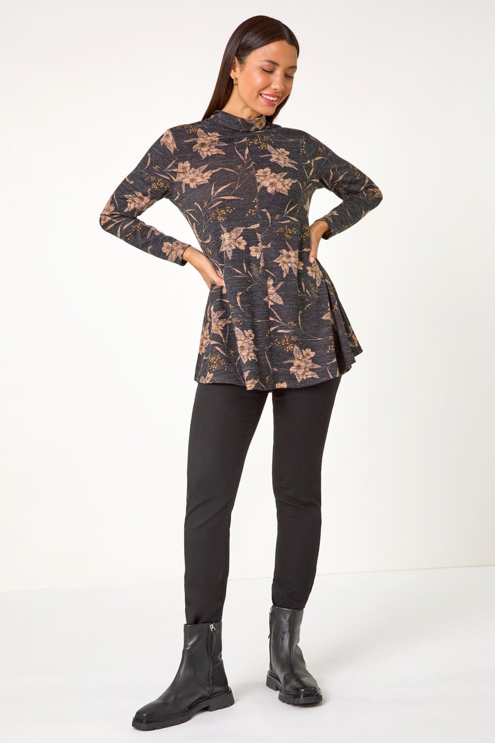 Roman Floral Print High Neck Tunic Top