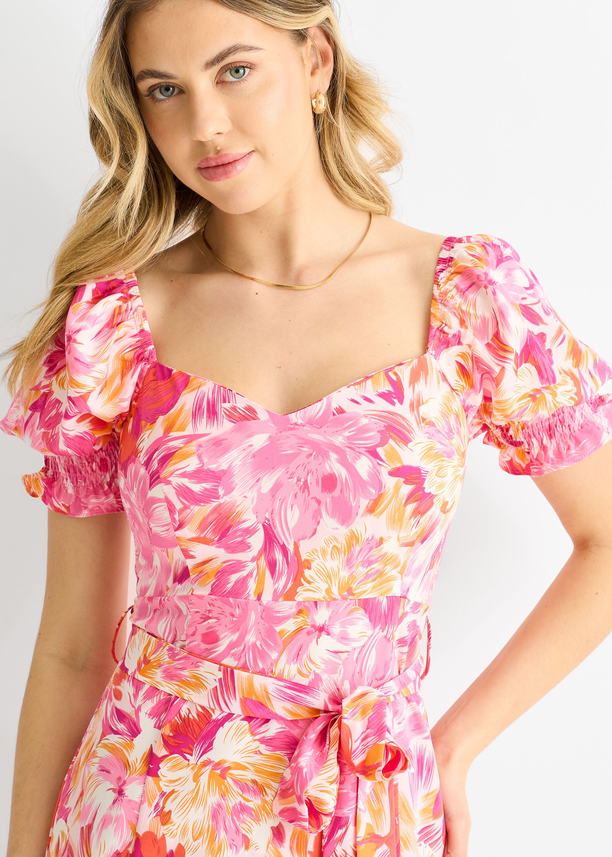 Gini London Red Floral Puff Sleeves Belted Midi Dress