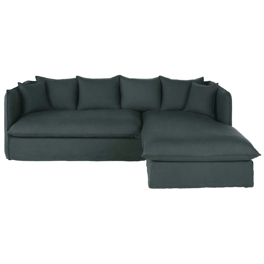 Louvain - Canapé d'angle droit convertible 3/4 places en lin froissé gris anthracite, matelas 10 cm