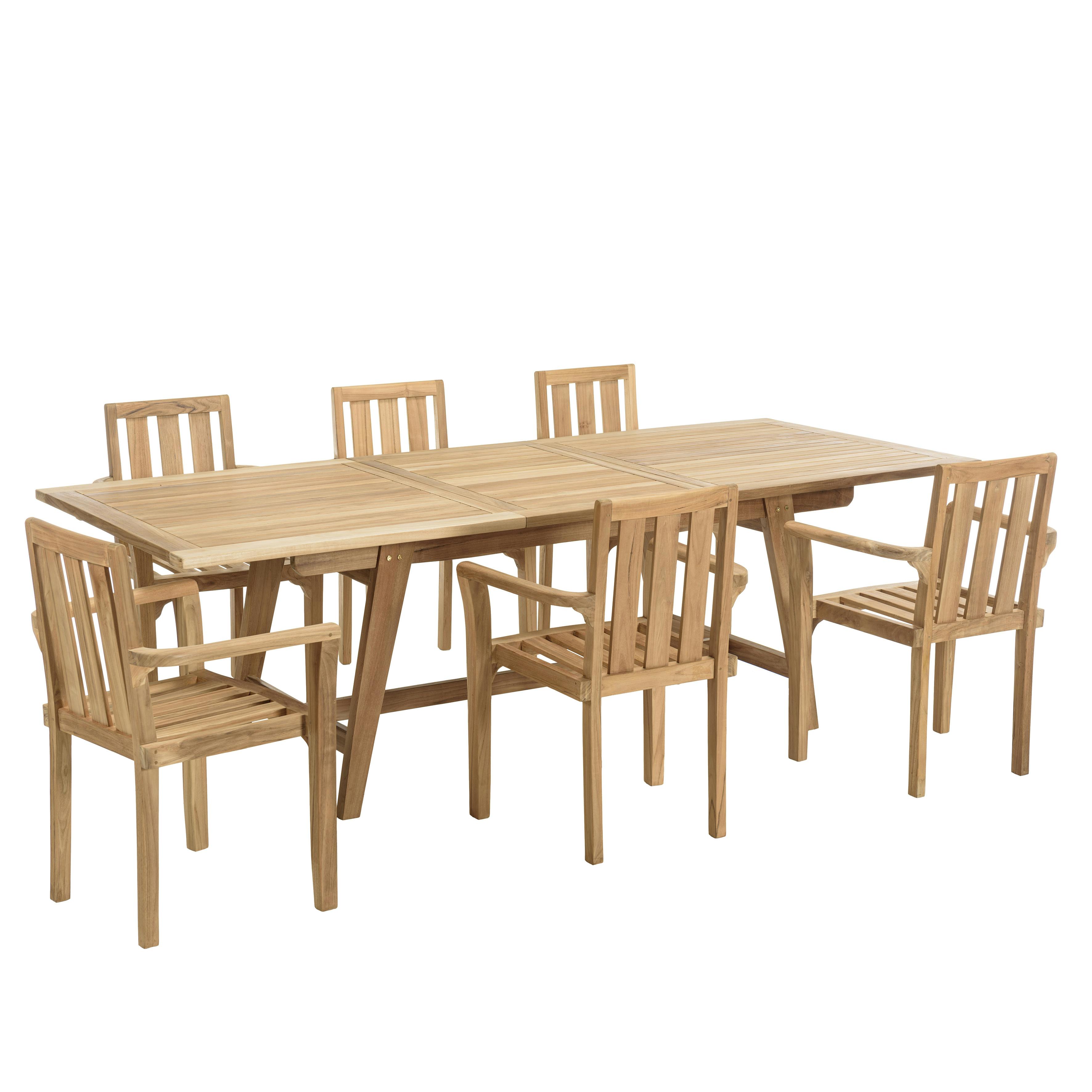 Salon de jardin teck brut table pieds tréteaux 180/240   6 fauteuils SUMMER