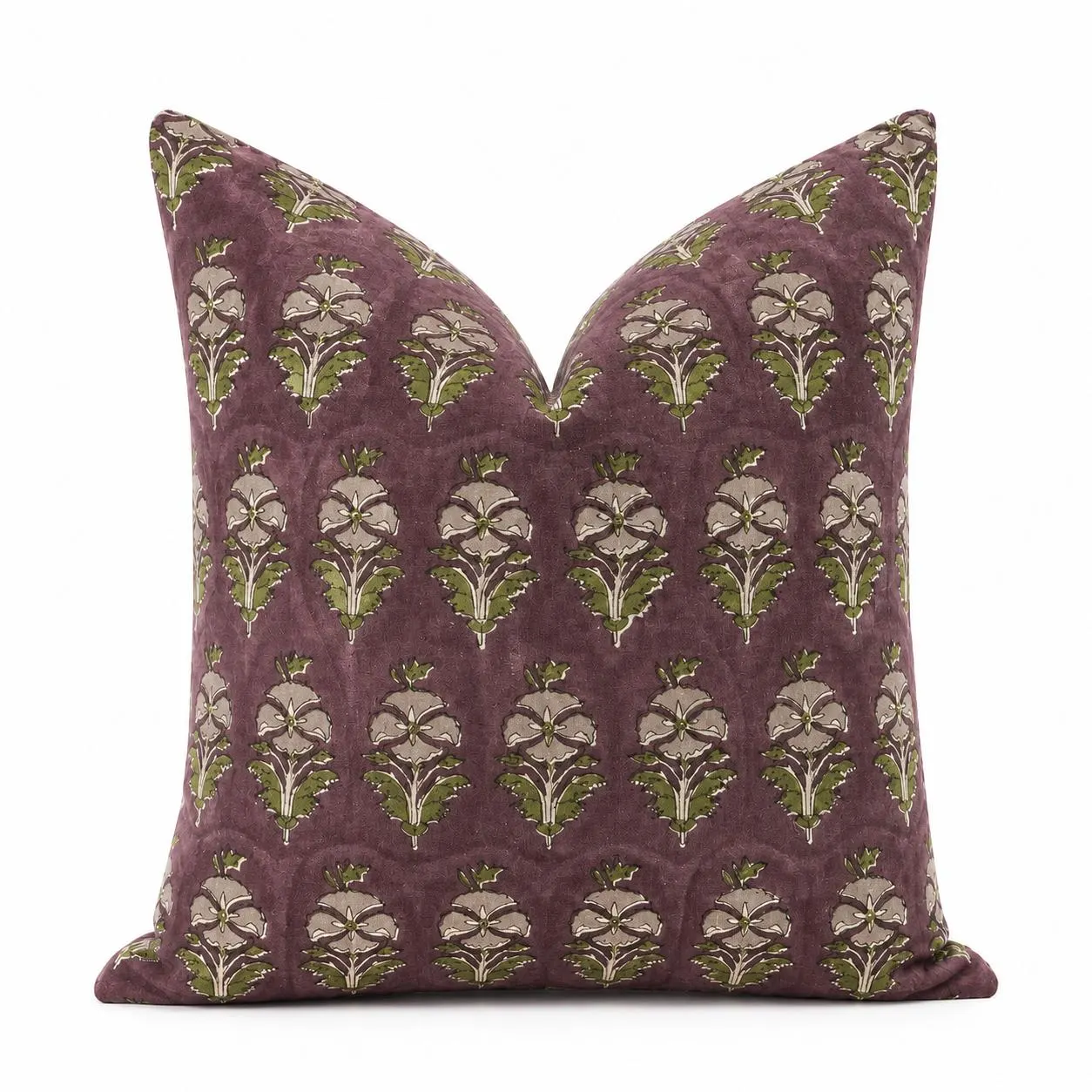 Plum Hand Block Print Pillow, Floral Decorative Cushion Cover for Bench or Sofa