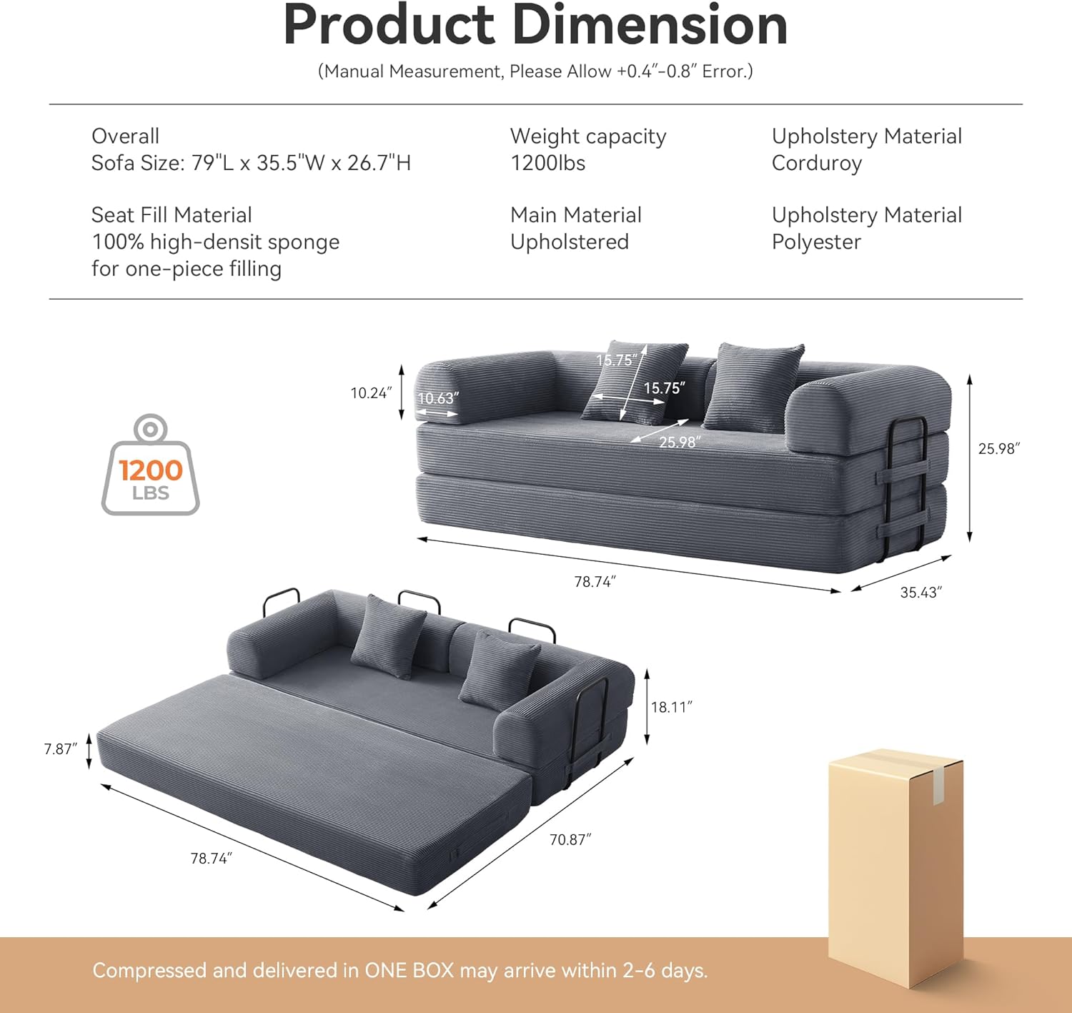 Sofa Bed, Corduroy Sleeper Sofa Bed with Fixed Frame, Floor Sofa Lounge with Pillow, Convertible Folding Mattress Couch for Living Room, Bedroom, Lounge, Studio (Dark Gray)