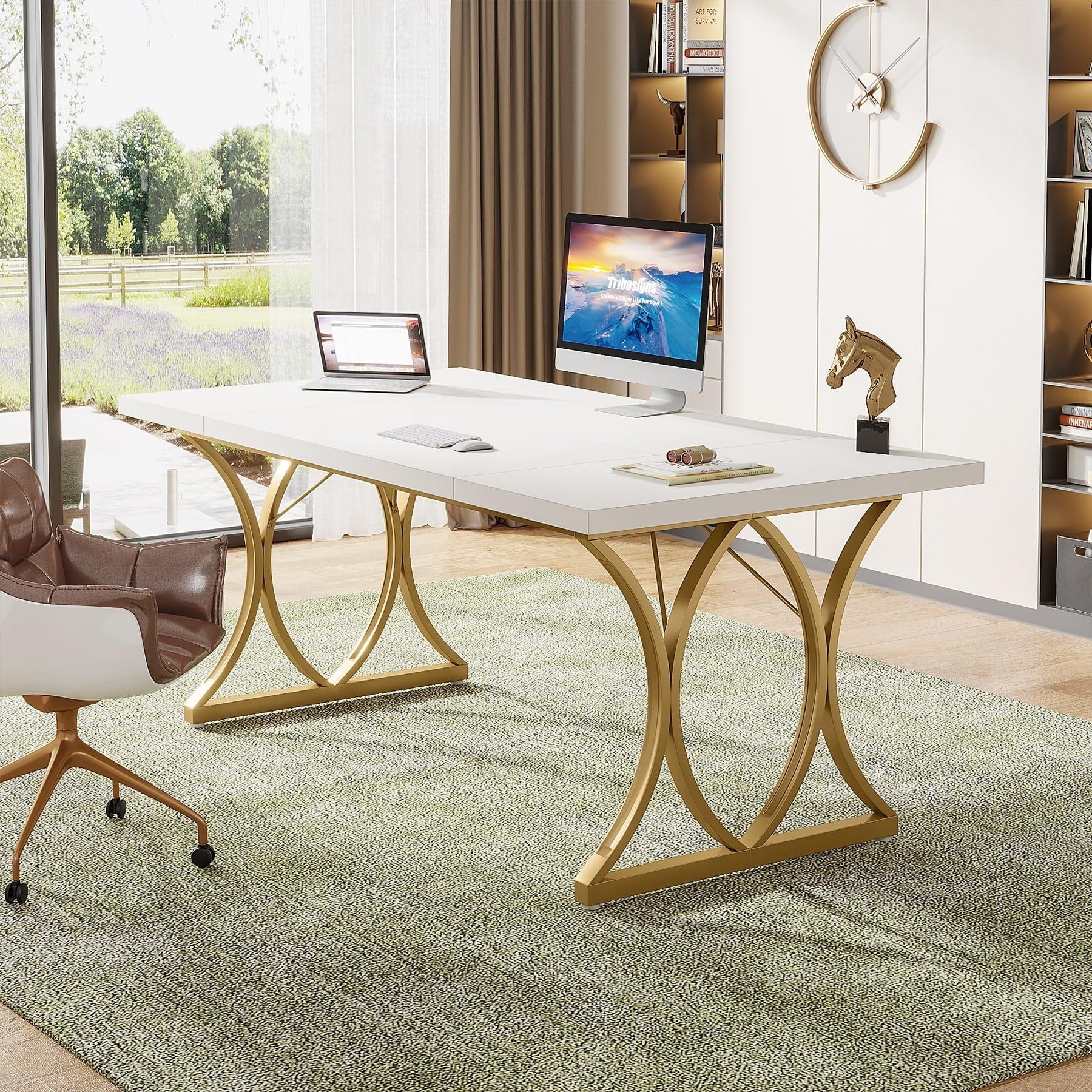 63 Executive Desk, Modern White Home Office Computer Desk, Large Computer Desk with Gold Metal Frame