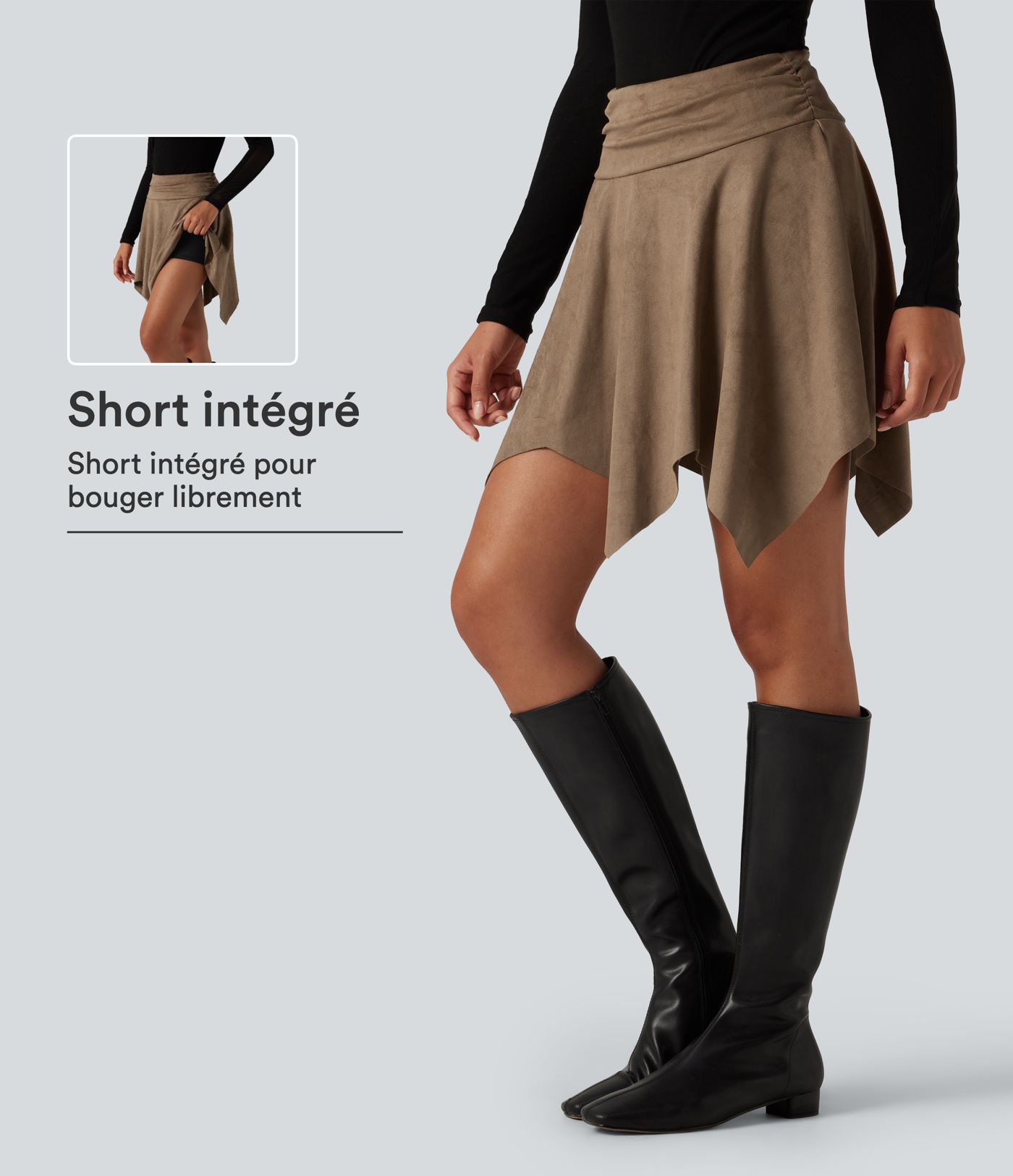 Jupe-short mini en suédine taille haute froncée asymétrique coupe trapèze